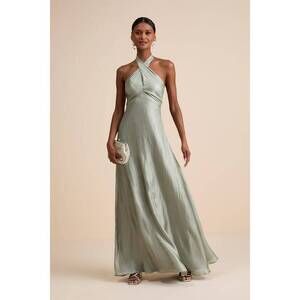 Lulus Canley Sage Satin Cross-front Halter Maxi Dress Green - Size L